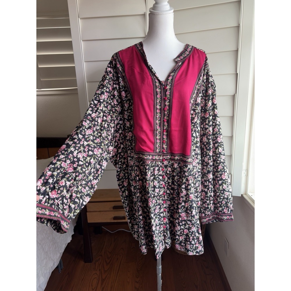 Woman Within Rose Floral Popover Tunic PLUS 5X Long Sleeve Pink Peasant Boho NEW